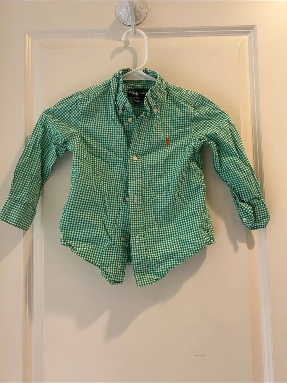 Ralph Lauren Green Gingham Button-Down Shirt long sleeve embroider logo size 3T